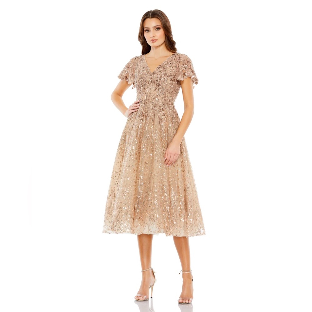 Mac Duggal Champagne Sequin Lace Midi Dress